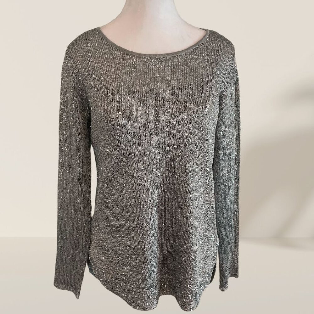 Alfani Women Glam All Over Sequinned Sweater Shirt-Tail-Hem Silver petite m